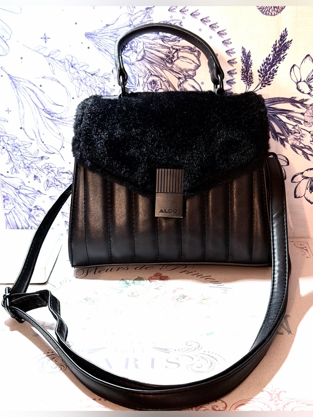 ALDO Black Quilted Faux-Fur Top Satchel